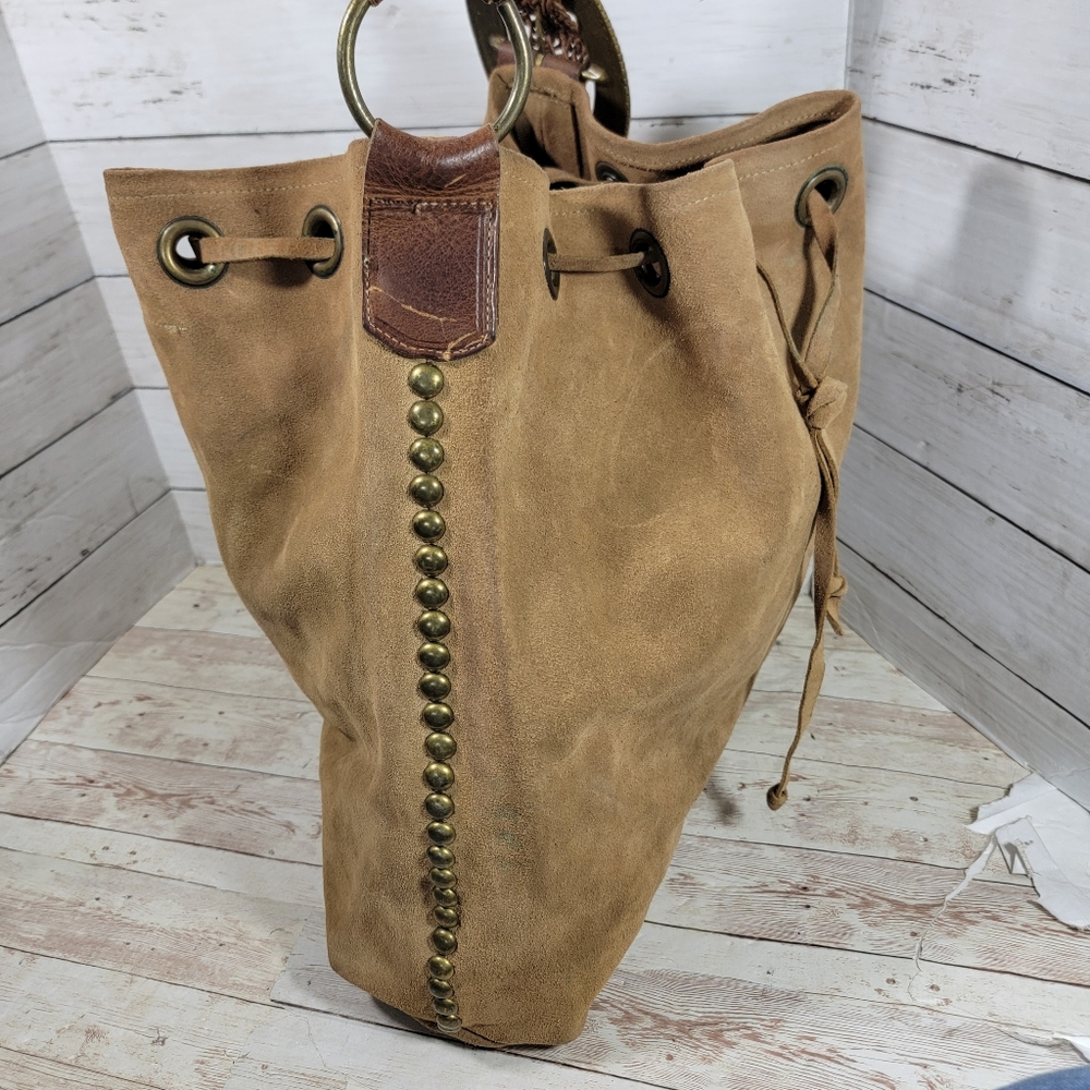 Leatherock Large  Studded Suede Bucket Hobo Handbag With Braided Strap - Picture 11 of 13